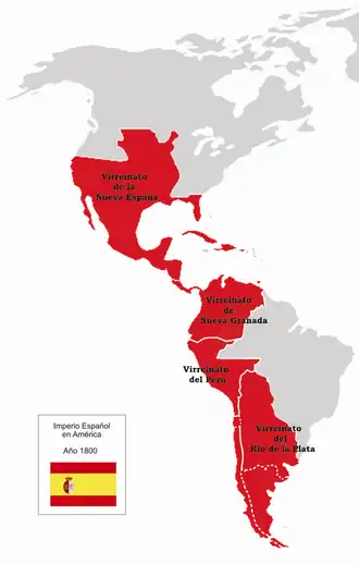 Čtyři španělská místokrálovství v Americe (rok 1800): • Nové Španělsko • Nová Granada • Peru • Río de la Plata