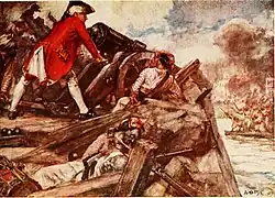 Robert Clive pálí z děla během obléhání Arcotu, stát Tamilnádu.