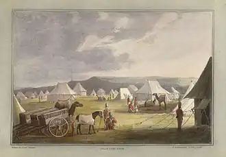 Barevná litografie „scéna z indického tábora“ v Západním Ghatu podle původní kresby kapitána Jamese Bartona (1793-1829).