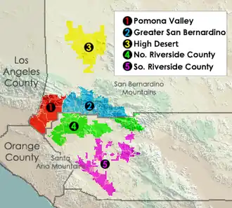 Hlavní populační centra v Inland Empire: červená = Pomona Valley, modrá = (Greater) San Bernardino, žlutá = High Desert, zelená = severní Riverside County, růžová = jih Riverside County.