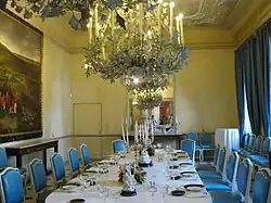 Neobarokní interiér jídelny Buquoyského paláce, ve kterém se sešel roku 1988 Václav Havel s tehdejším francouzským prezidentem Françoisem Mitterrandem