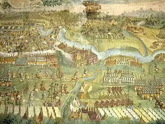 Vyobrazení bitvy u Mogersdorfu (Sv. Gotthardu) v sále zámku v Lysé nad Labem (detail)