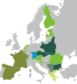 Státy a území s členskými stranami před rokem 1935 zakládající členové (vstup v roce 1921) vstup v roce 1927 vstup v roce 1934 Bavorská lidová strana (působící v roce 1921) Řecká agrární strana (vstoupila v roce 1930, odešla 1931)