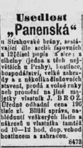Inzerát na prodej usedlosti Panenská z 20. března 1890 (dotčená čp. = ?))