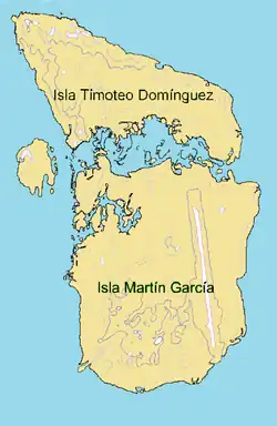 Mapa ukazuje ostrov Martín García a sousední ostrov Timoteo Dominguez