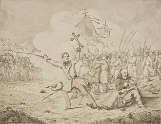 Edward Dembowski vede povstalce, soudobá ilustrace neznámého autora