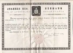 Potvrzení o pravosti ostatků sv. Vincence podepsané sv. Janem Nep. Neumannem, 1859.