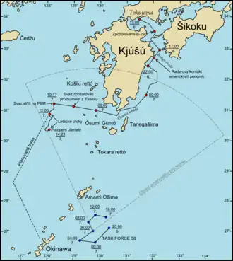 Trasa plavby bitevní lodě Jamato s doprovodem a americká reakce 6. a 7. dubna 1945 podle USSBS