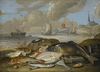 Zátiší s rybou v přístavu, možná alegorie na vodní prvek( Still life of fish in a harbor landscape, possibly an allegory of the element of water)