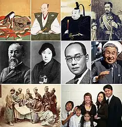 Murasaki Šikibu • Nobunaga • Iejasu • Císař Meidži Hirobumi • Josanová • Hideki • Císař Akihito Samurajové během Války Bošin • dnešní rodina