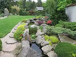 Potok, v pozadí vlevo „velký obelisk“, vzadu uprostřed pak „štíhlá pagoda“ a za ní čajová chýše