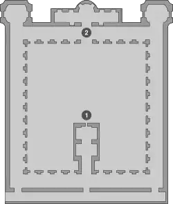 Půdorys někdejší loretánské kaple – 1: kaple; 2: ambit.
