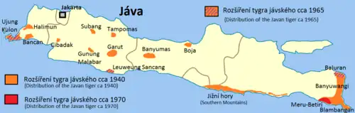 Mapa Jávy s vyznačenými místy posledních pozorování tygra: na pobřeží nejzápadnějšího okrsku (Ujung Kulon) a nejvýchodnějších (Baluran, Metu Betiri) okrsků ostrova a na jižním břehu ostrova jihovýchodně od Jakarty (Leuweung Sancang). Vyznačeno je též rozšíření tygra kolem roku 1940 – kromě uvedených oblastí ještě ostrůvkovitě v západní polovině ostrova