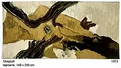 Obeplutí, autorská, ručně tkaná tapiserie 140 × 290 cm, 1973