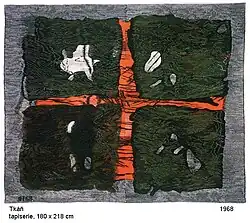 Tkáň, autorská, ručně tkaná tapiserie 180 × 218 cm, 1968