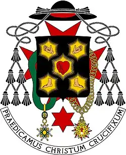 Znak preláta minor Jiřího Hladíka, člena řádu křižovníků s červenou hvězdou, probošta litoměřické kapituly a generálního vikáře českého velkopřevorství Vojenského a špitálního řádu sv. Lazara Jeruzalémského