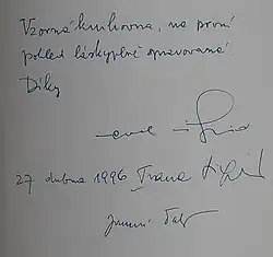 Zápis Pavla Tigrida v návštěvní knize JVK v roce 1996