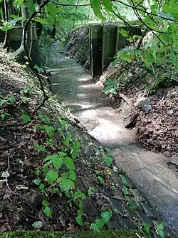 Dočasně zavodněné koryto – pohled směrem ke hrázi suché retenční nádrže N4 Jinonice
