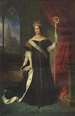 barevný obraz arcivévodkyně Marie Terezie (s korunou,berlou a pláštěm abatyší), abatyše ústavu šlechtičen v letech 1834 až 1837