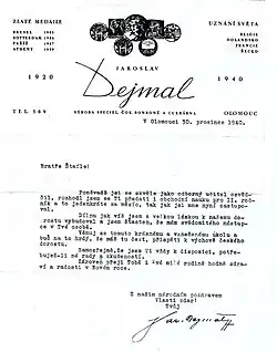 Dopis J. Dejmala – 1940