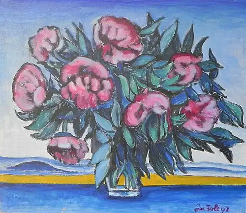 Pivoňky, 1992, akryl 60x70 cm