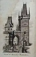Josef Ringel: Malostranské mostecké věže, ilustrace k Die Berühmte Prager Brücke (1827)
