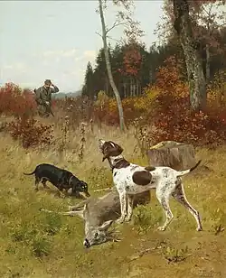 Josef Schmitzberger: Erfolgreiche Jagd (Úspěšný lov), olej na plátně, přelom 19. a 20. století