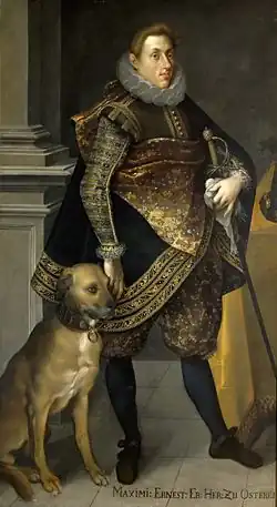 Arcivévoda Maxmilián Arnošt se svým loveckým psem, Joseph Heintz starší, 1604