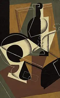 Juan Gris, 1917, Mlýnek na kávu a láhev, olej na kartonu upevněný na panel, 60,8 x 37,7 cm, původ: Léonce Rosenberg, Paříž