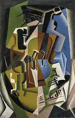 Juan Gris, 1917, Housle a noviny, olej na panelu, 92,3 × 60,3 cm. Galerie l'Effort Moderne, č. 5122