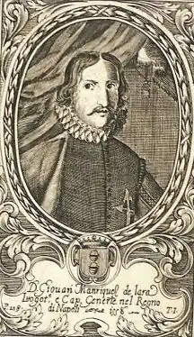 Juan Manrique z Lary. Anonymní hlubotisková rytina uložená v Teatro eroico, e politico de'governi de'Vicere del Regno de Napoli, od Domenica Antonia Parrina, Neapol, 1692–1694. Národní knihovna Španělska.
