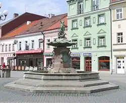 Pohled na celou kašnu. Za ní jsou vidět domky na Starém náměstí