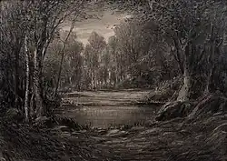 Lesní jezero, kresba uhlem