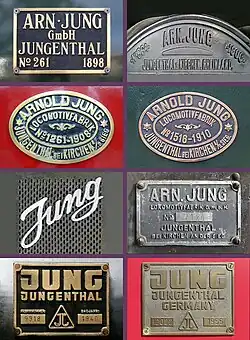Lokomotivka A.Jung, loga a výrobní štítky lokomotiv od r. 1898 do 60. let