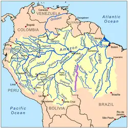 Tok řeky na mapě povodí Amazonky