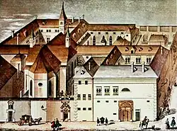 Ženský klášter z pohledu Herzogovy Cosmographia Franzciscana z roku 1740