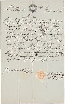 Potvrzení o křtu z 21. května 1838.