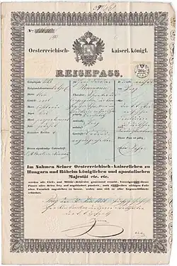 Cestovní pas S. M. Karoliny Neumannové z 30. července 1856.