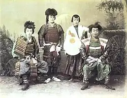Herci kabuki oblečení jako samurajové, 1880.