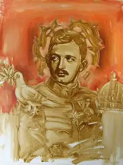 Karel I. se svatozáří, holubicí míru a císařskou korunou