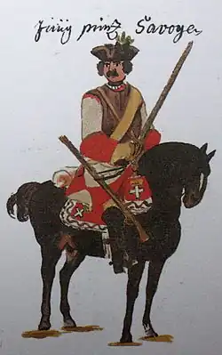 Císařský kyrysník za války o polské následnictví před Philippsburgem v roce 1734 (příslušník českých dragounů polního maršála Montecuccoliho ze soudobého Gudenova rukopisu)