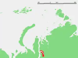 Estuár řeky vyznačený červeně na mapě Karského moře