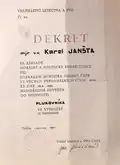Rehabilitační dekret o povýšení Karlas Janšty do hodnosti plukovníka letectva ve výslužbě (in memoriam)
