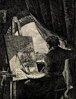 malíř při práci, lept