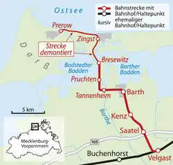 Mapa tratě, slabě část se snesenými kolejemi