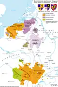 Burgundsko za Jana I. Nebojácného (1404-1419) s vyznačením držav jeho bratrů v Brabantsku a Nevers
