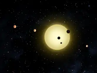 Umělecká představa simultánního přechodu tří planet systému Kepler-11, pozorovaného 26. srpna 2010 vesmírným dalekohledem Kepler.