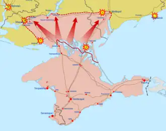 Mapa vpádu ruských vojsk do Chersonské a Záporožské oblasti z úplného začátku invaze