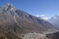 Hora Khumbila nad vesnicemi Khumdžung a Kunde. V pozadí jsou vidět hory Mount Everest, Lhoce a Ama Dablam.