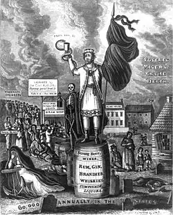 Král Alkohol a jeho první ministr (rytina, okolo roku 1820)